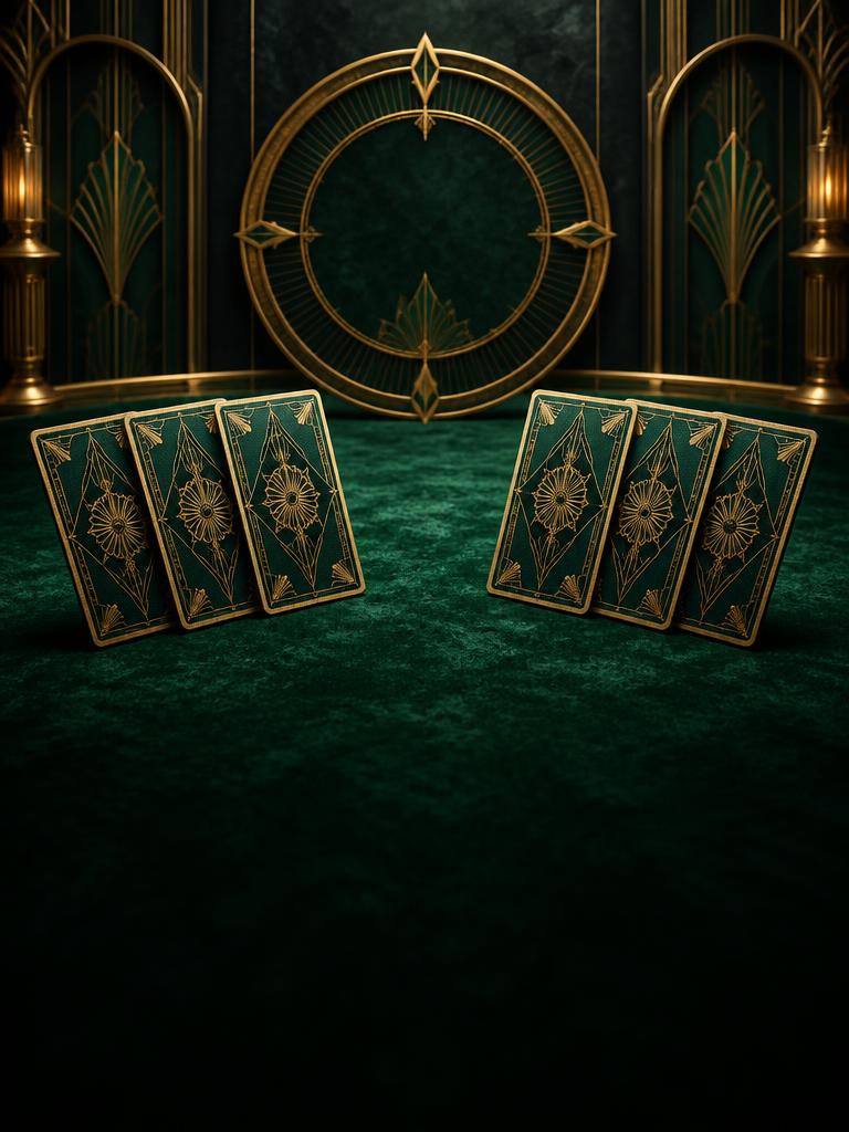 Two sets of three cards in a refined card room