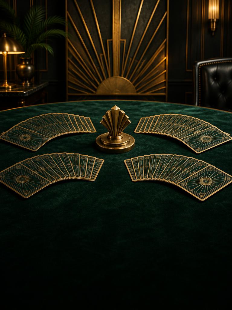 Four arcs of cards around a brass marker