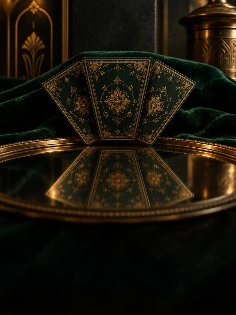 Three ornate cards reflected in polished brass