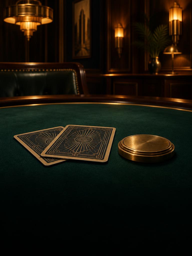 Two cards and a brass dealer marker on green felt