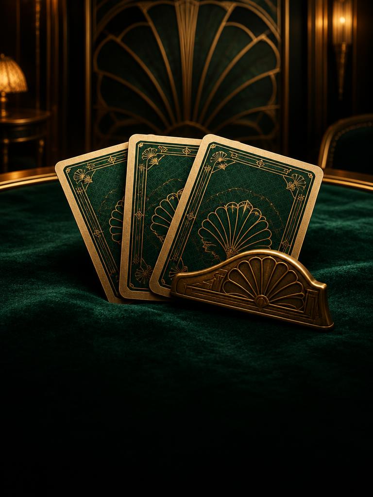 Three ornate playing cards on emerald velvet