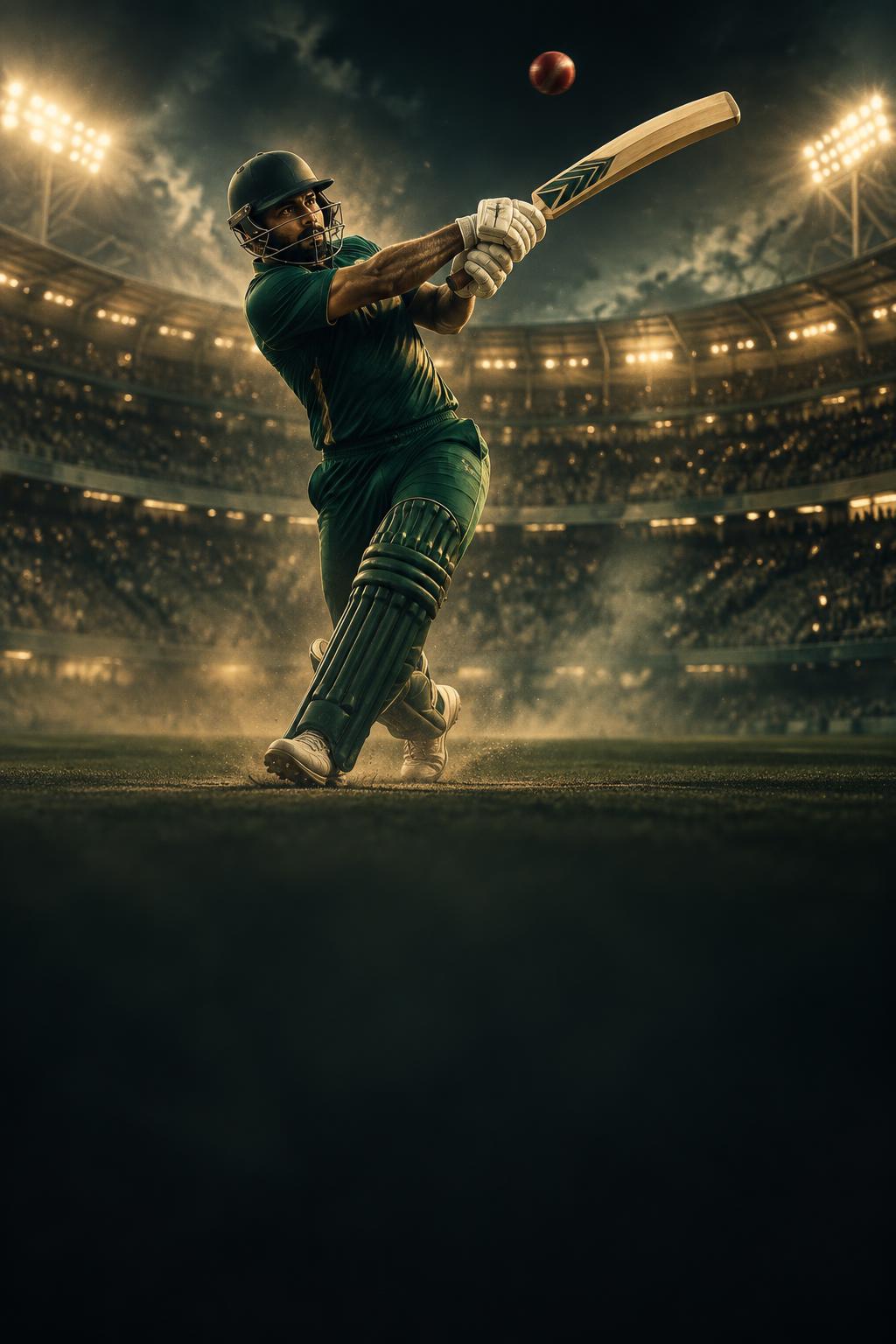 Cricket batter playing a powerful shot under stadium lights