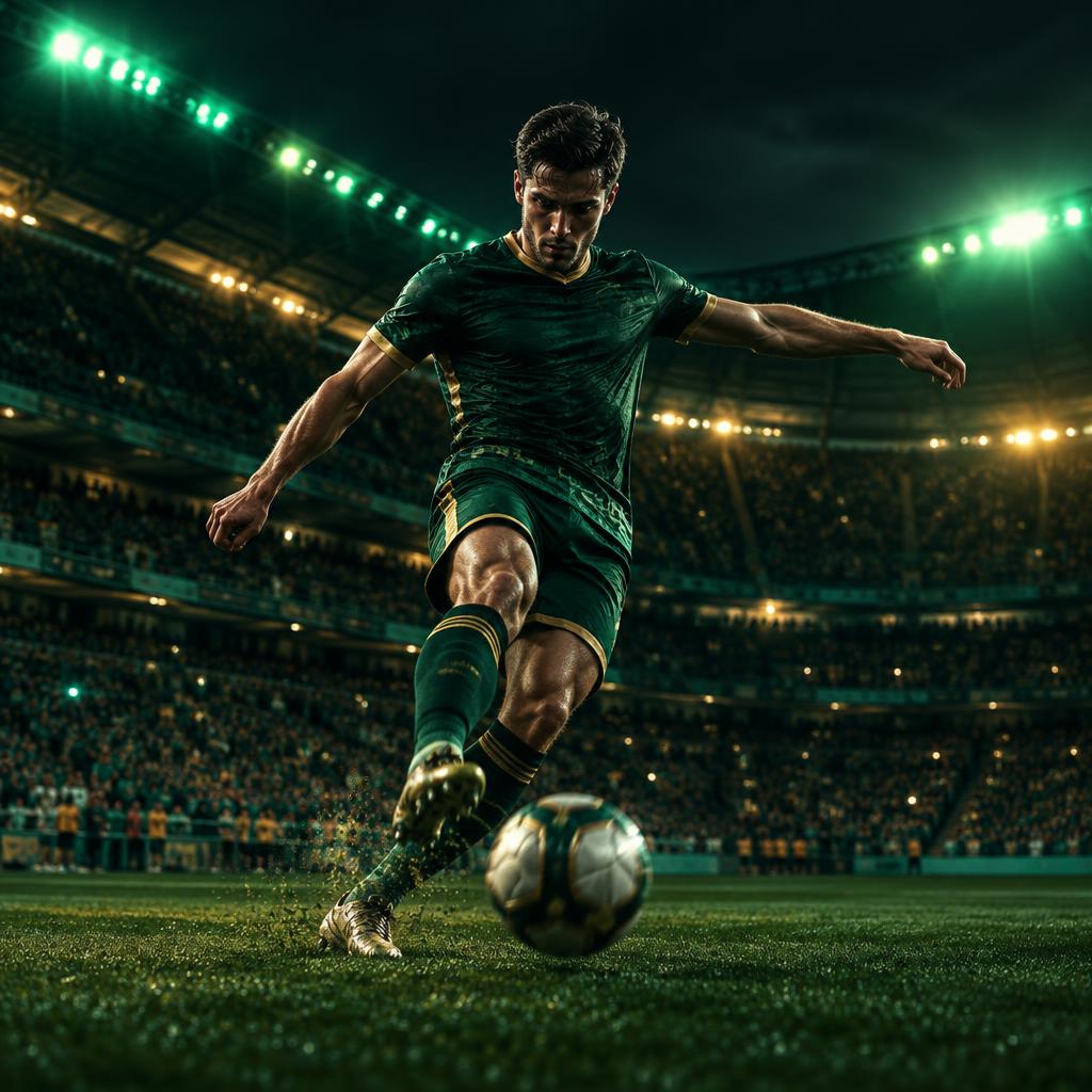 Football player striking a ball under stadium lights