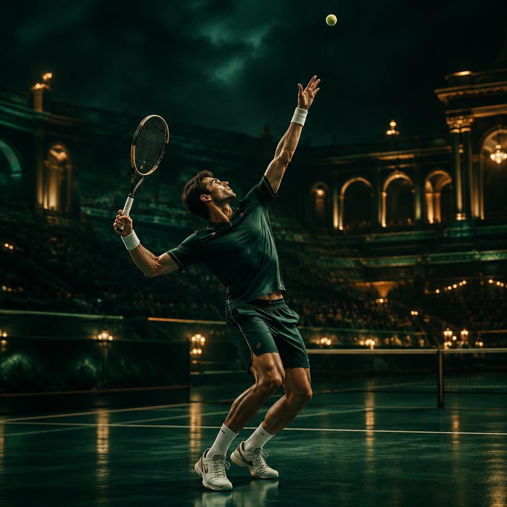 Tennis player serving on a grand night court