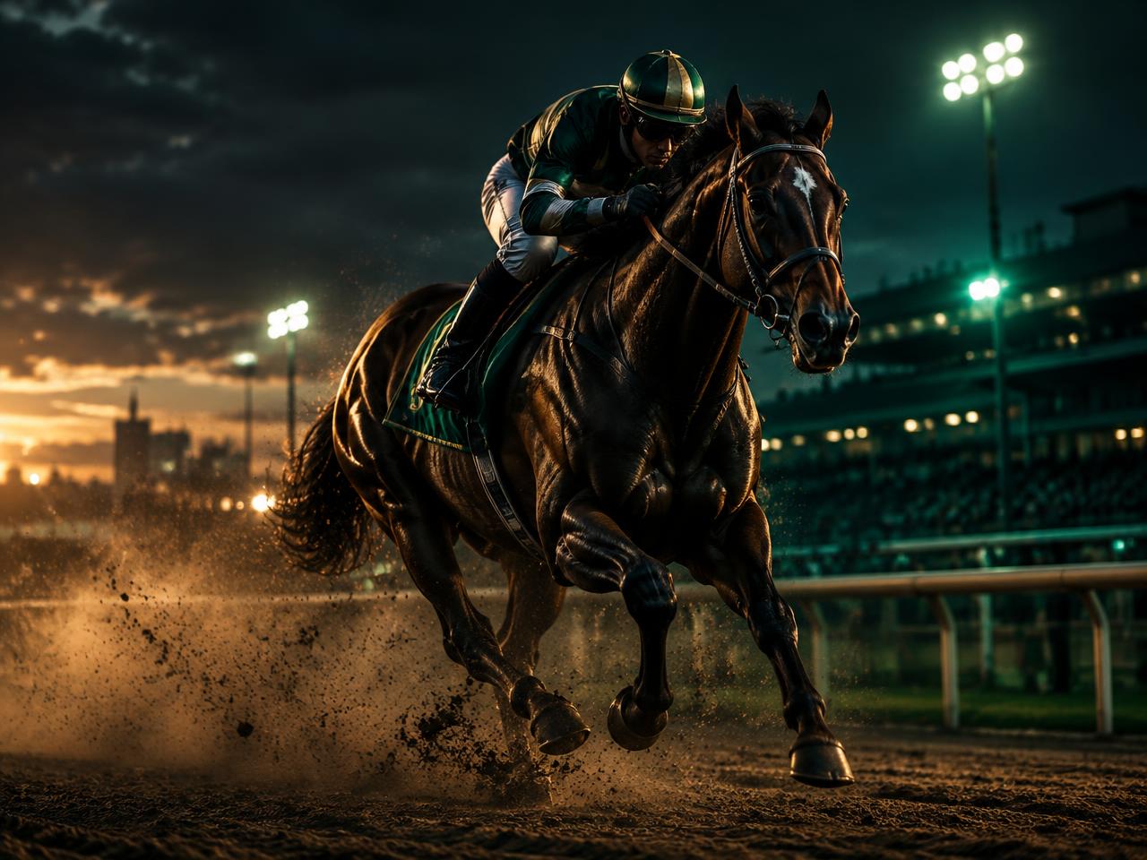 Racehorse and jockey charging along a floodlit track