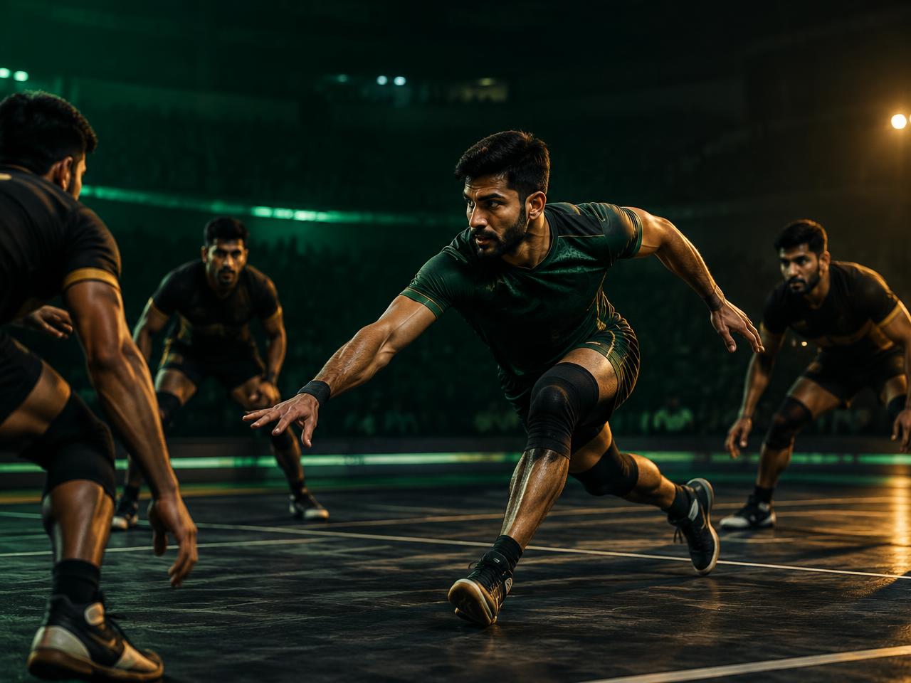 Kabaddi player making a raid under dramatic arena lights
