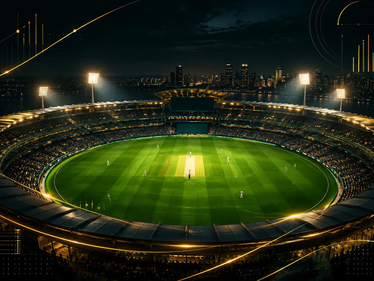 Floodlit cricket stadium with elegant gold data lines